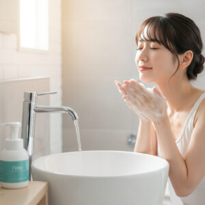 洗面台で泡を顔に当てて洗顔する女性。目を閉じ、リラックスした表情。