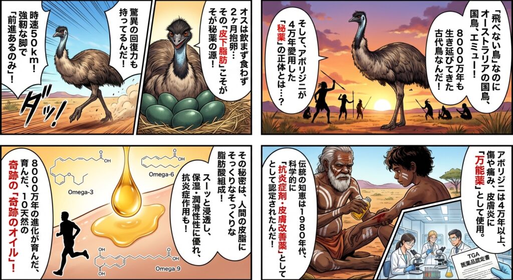 エミューとそのオイルの効能を描いた漫画。アボリジニの伝統医療と科学的分析を対比。