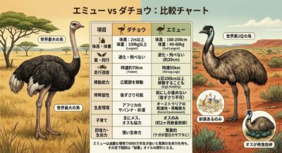 エミューとダチョウの比較チャート。それぞれの特徴、生息環境、能力などを項目別に解説。ダチョウとエミューのイラスト付き。