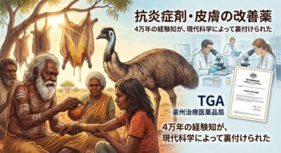 先住民の儀式と現代科学の実験が描かれ、エミューとTGA証明書がある画像