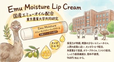 国産エミューオイル配合リップクリームの広告イラスト。エミュー、リップクリーム、大学、研究者などが描かれている。