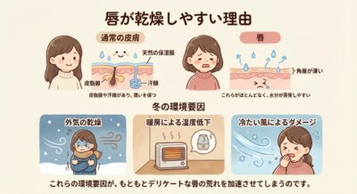 唇の乾燥の原因を解説するイラスト。健康な皮膚と唇の構造の違い、冬の乾燥、暖房、冷たい風の影響を描写。