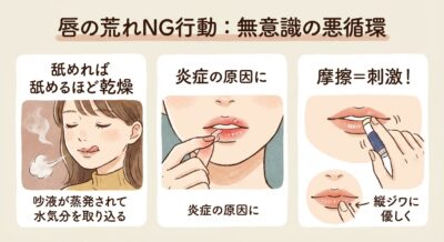 唇の荒れを引き起こすNG行動：舐める、皮を剥がす、リップクリームの摩擦。正しいケア方法も示唆。