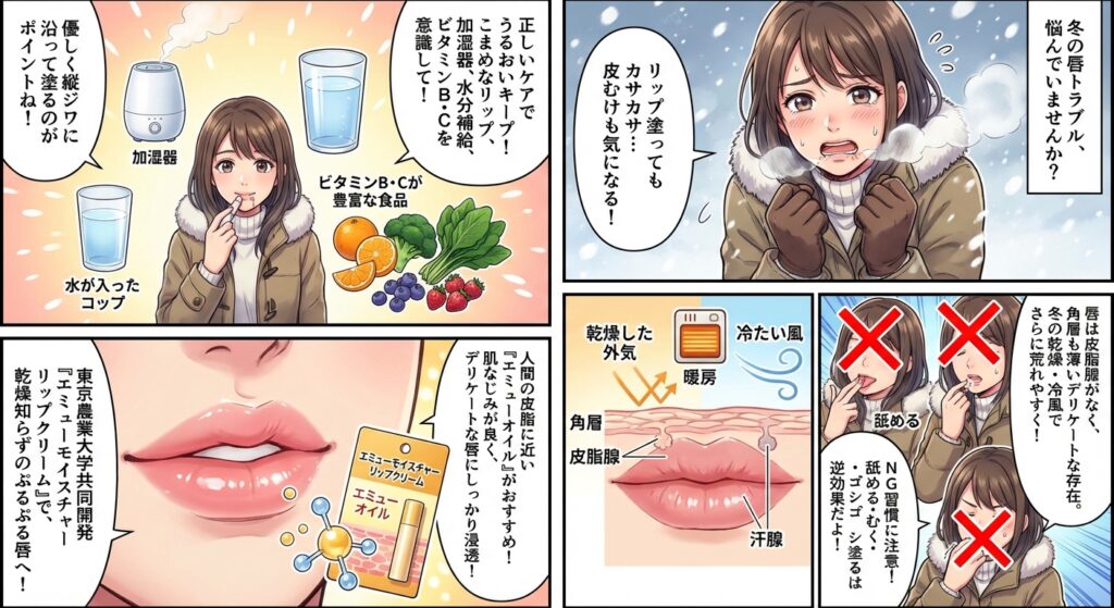 冬の乾燥による唇のトラブル対策と、エミューオイル配合リップクリームの紹介イラスト