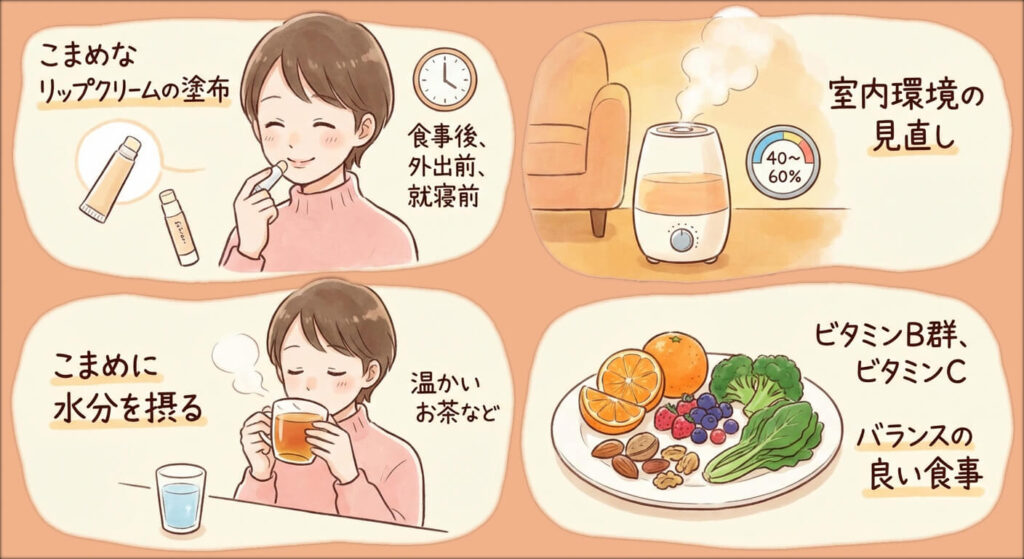 乾燥対策と健康維持のヒント：リップクリーム、加湿器、水分補給、バランスの取れた食事のイラスト