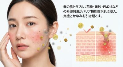 春の肌トラブル：花粉・PM2.5などが肌バリアを低下させ、炎症やかゆみを引き起こす様子を描いたイラスト。