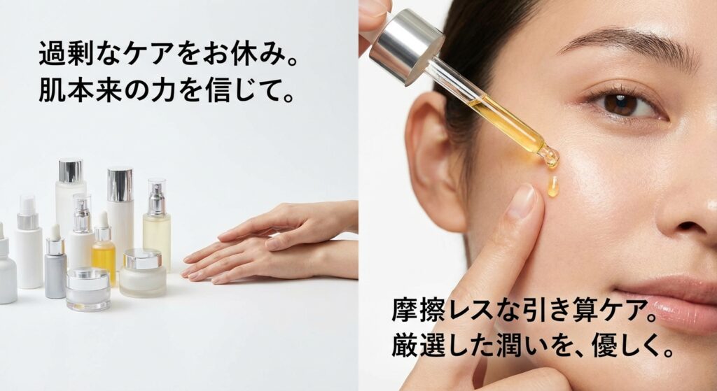 スキンケア製品と肌への美容液塗布のコラージュ画像。肌本来の力を引き出すケアを訴求。