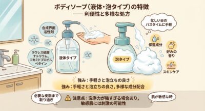 ボディソープの液体タイプと泡タイプのイラスト。それぞれの特徴と成分、メリットが描かれている。