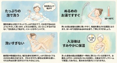 正しい入浴方法を解説する4コマ漫画風イラスト。泡で洗う、ぬるま湯ですすぐ、洗いすぎない、入浴後すぐ保湿の順で描かれている。