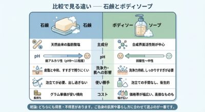 石鹸とボディソープの成分、pH、洗浄力、使い勝手、コストの比較表