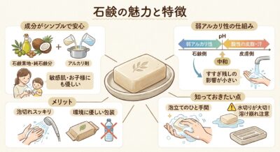 石鹸の魅力と特徴を説明するイラスト。成分、肌への優しさ、環境配慮、弱アルカリ性、使用方法などを解説。