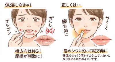 リップクリームの正しい塗り方。左はNG例、右は正しい縦方向の塗り方。