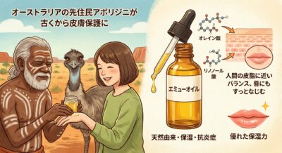 エミューオイルの成分と効能を示すイラスト。アボリジニの男性、エミュー、女性、オイルボトル、化学構造式、肌、唇が描かれている。