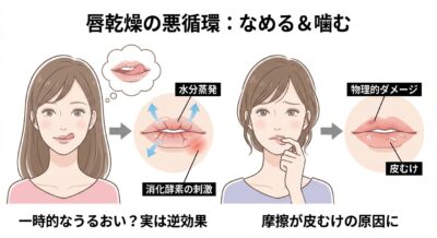 唇をなめたり噛んだりすることで乾燥が悪化する様子を描いたイラスト。