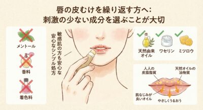 唇の皮むけを防ぐための成分選び。避けるべき成分と推奨成分、リップクリームの使用方法を解説。