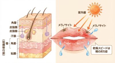 唇の乾燥と紫外線によるメラニン生成のメカニズムを示すイラスト。皮膚断面図と唇のイラスト。