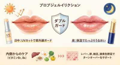 唇の昼夜ケアと内側からの栄養補給を説明するイラスト。UVリップと月モチーフのリップ、健康的な食品が描かれている。