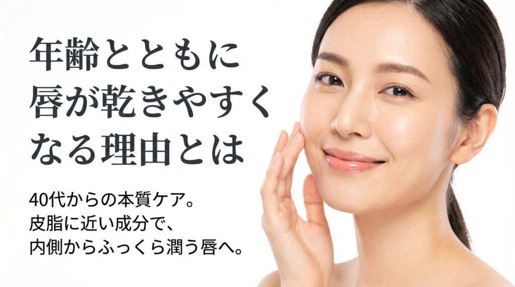 年齢とともに唇が乾燥する理由と、40代からのケアによる潤う唇を訴求する広告。女性の顔とメッセージが表示されている。