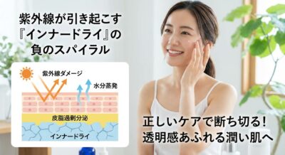 女性が肌に化粧品を塗布。紫外線による肌ダメージの図解と、透明感あふれる潤い肌へのメッセージ。