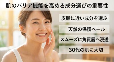 肌のバリア機能向上と成分選びの重要性を示す画像。女性の笑顔とテキストで構成。
