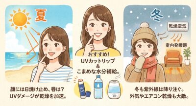 夏と冬の季節別リップケアと保湿のイラスト。UVカットリップと水分補給を推奨。