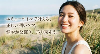 砂浜で微笑む女性。エミューオイルで健やかな輝きを手に入れるイメージ。