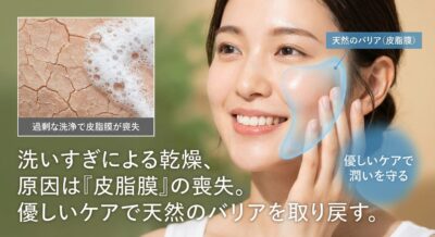乾燥肌の女性と、皮脂膜の喪失による肌トラブルを改善するケアのイメージ