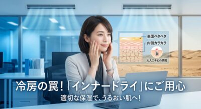エアコンの冷風で肌が乾燥する女性と肌の断面図。インナー กรอายとニキビの原因を解説。