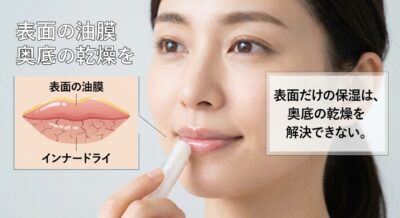 リップクリームを塗る女性と、唇のインナードライを示すイラスト。