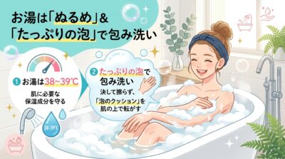 泡に包まれて入浴する女性のイラスト。ぬるめのお湯と泡で洗う肌ケアのコツを解説しています。