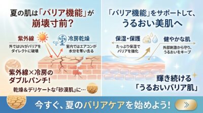 夏の肌のバリア機能低下の原因と、保湿ケアによる改善方法を比較解説する図解。
