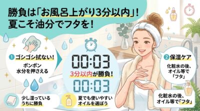 お風呂上がりの保湿ケア手順を示す図解。時計の3分以内という目安と、肌を擦らずオイルで蓋をする手順が描かれています。
