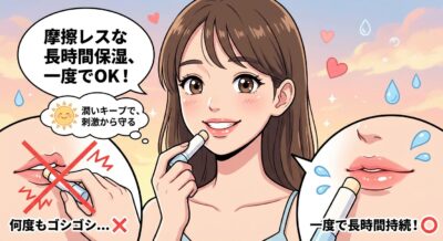 リップクリームを塗る女性。一度で長時間潤い、刺激から唇を守る様子を描いたイラスト。