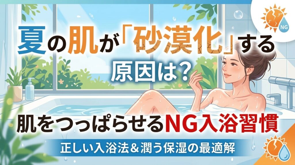 バスタブに浸かる女性のイラストと「夏の肌の砂漠化」や「NG入浴習慣」という文字が書かれた美容解説のサムネイル。