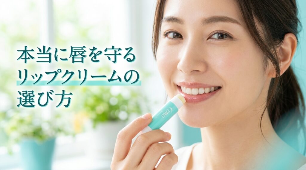 女性がリップクリームを唇に塗ろうとしている笑顔の写真