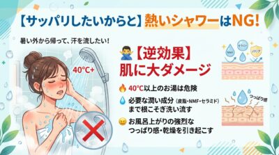 熱いシャワーが肌に与えるダメージと、保湿成分が失われるメカニズムを解説したスキンケア啓発画像。
