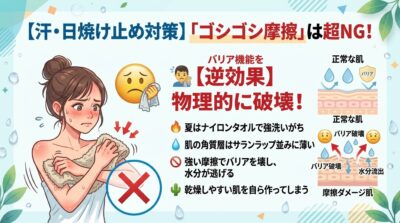 タオルで強く肌をこする女性のイラストと、摩擦による肌バリア機能の低下と水分流出の仕組みを示す図解。
