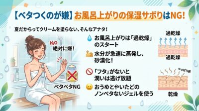 お風呂上がりの保湿を拒否する女性のイラストと、肌が乾燥する仕組みを説明する図解。